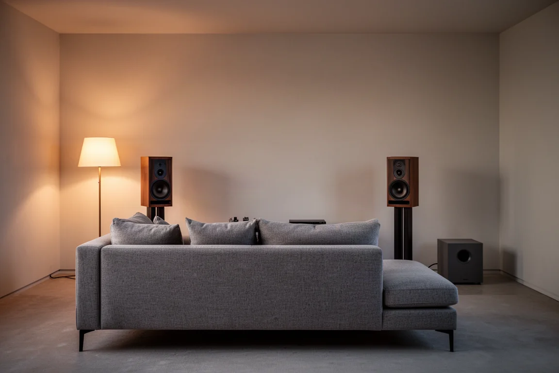 Two-channel listening room at dusk with speakers and a compact subwoofer