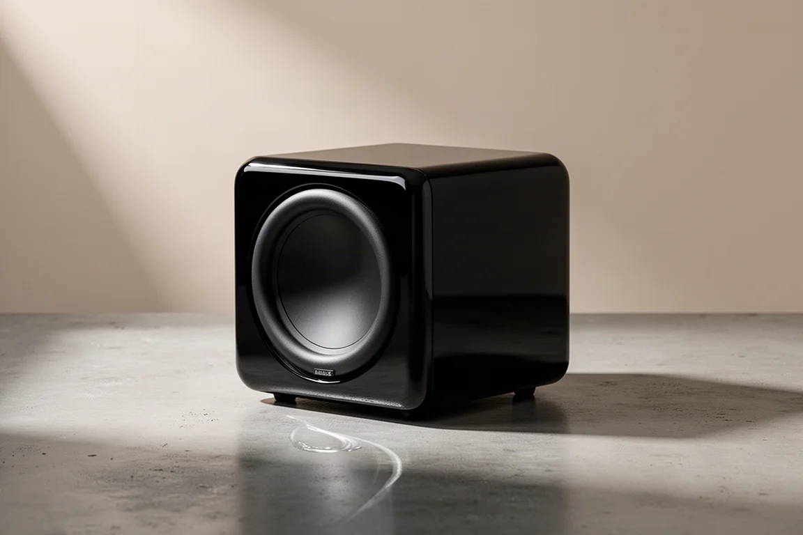 Compact high-gloss black cube subwoofer on a matte concrete surface