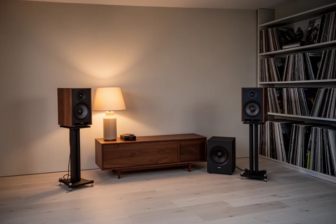 Sala de escucha silenciosa al atardecer con altavoces de estantería y un subwoofer compacto