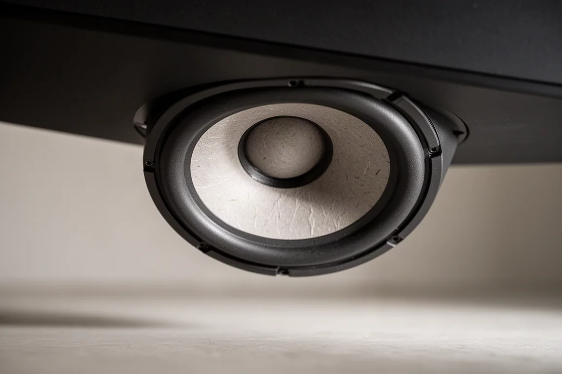 Primer plano del cono de un driver de subwoofer de emisión descendente con luz direccional suave