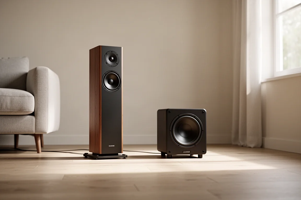 Altavoz de torre y subwoofer compacto sobre un suelo de madera clara