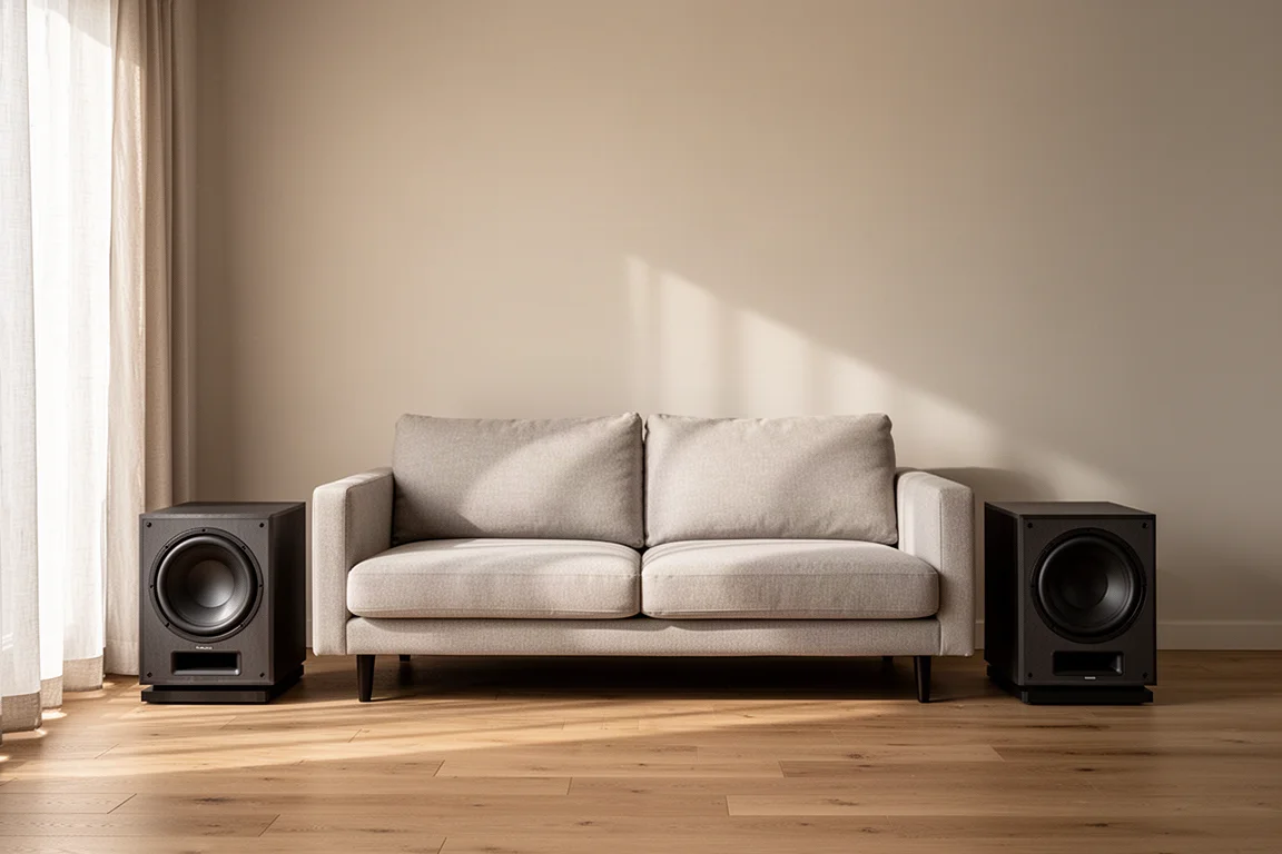 Dos subwoofers compactos colocados a ambos lados de un sofá bajo en una sala tranquila