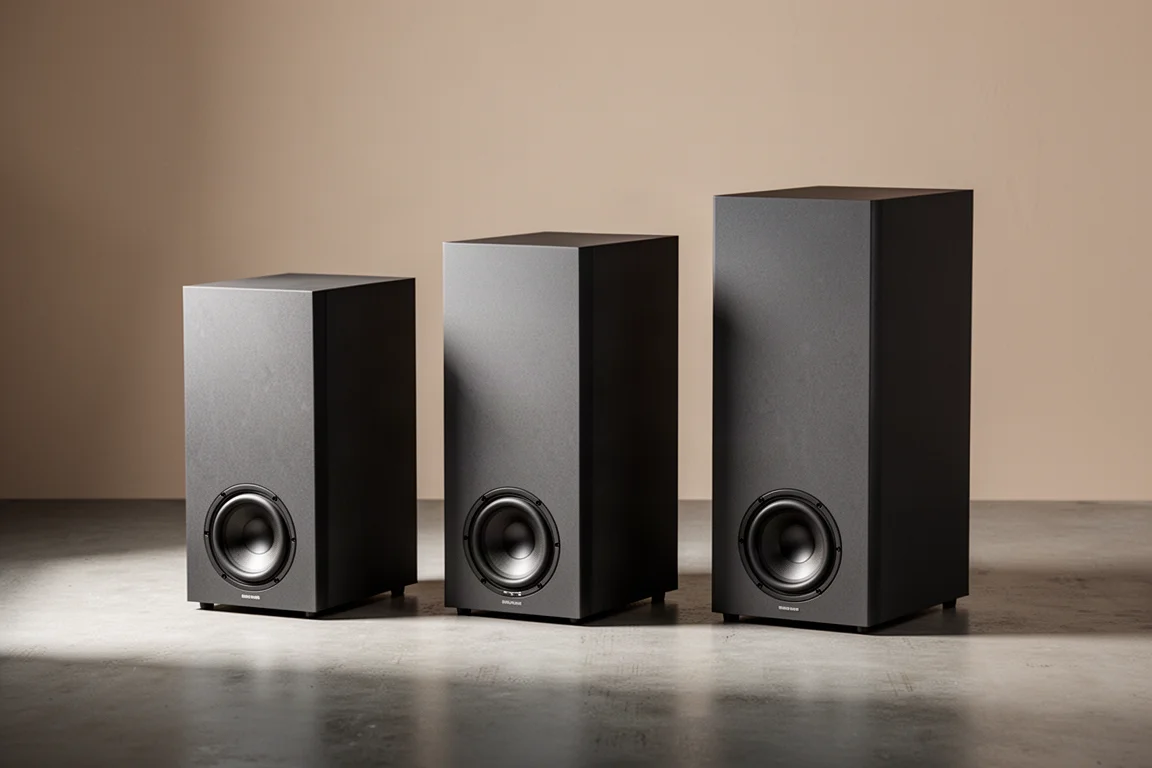 Three dark subwoofer cabinets of increasing size in a row on a concrete floor