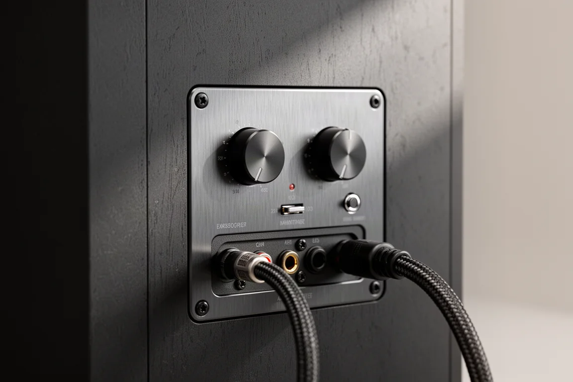 Nahaufnahme der Rückseite eines Subwoofers mit Reglern und angeschlossenem Kabel