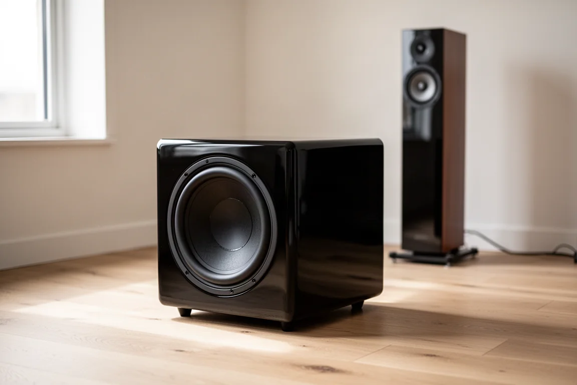 Gloss black cube subwoofer on oak flooring in a minimal listening room