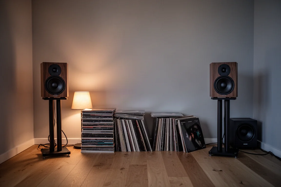 Small listening room at dusk with compact speakers on stands and soft lamplight