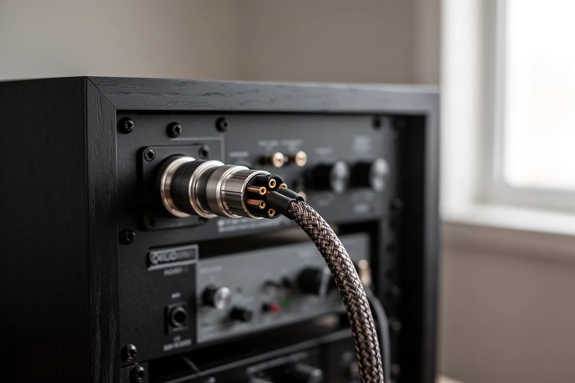 Close-up of a braided speaker cable entering a multi-pin connector panel