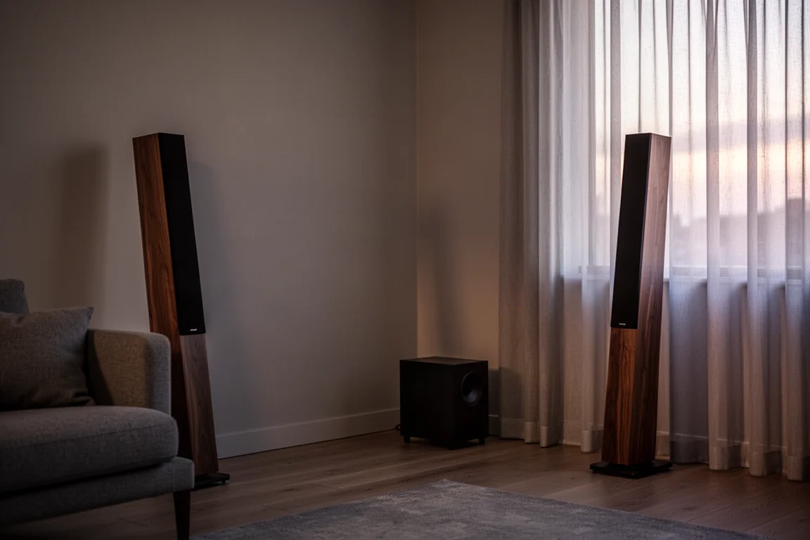 Living room corner with slim panel speakers and a small subwoofer on the floor