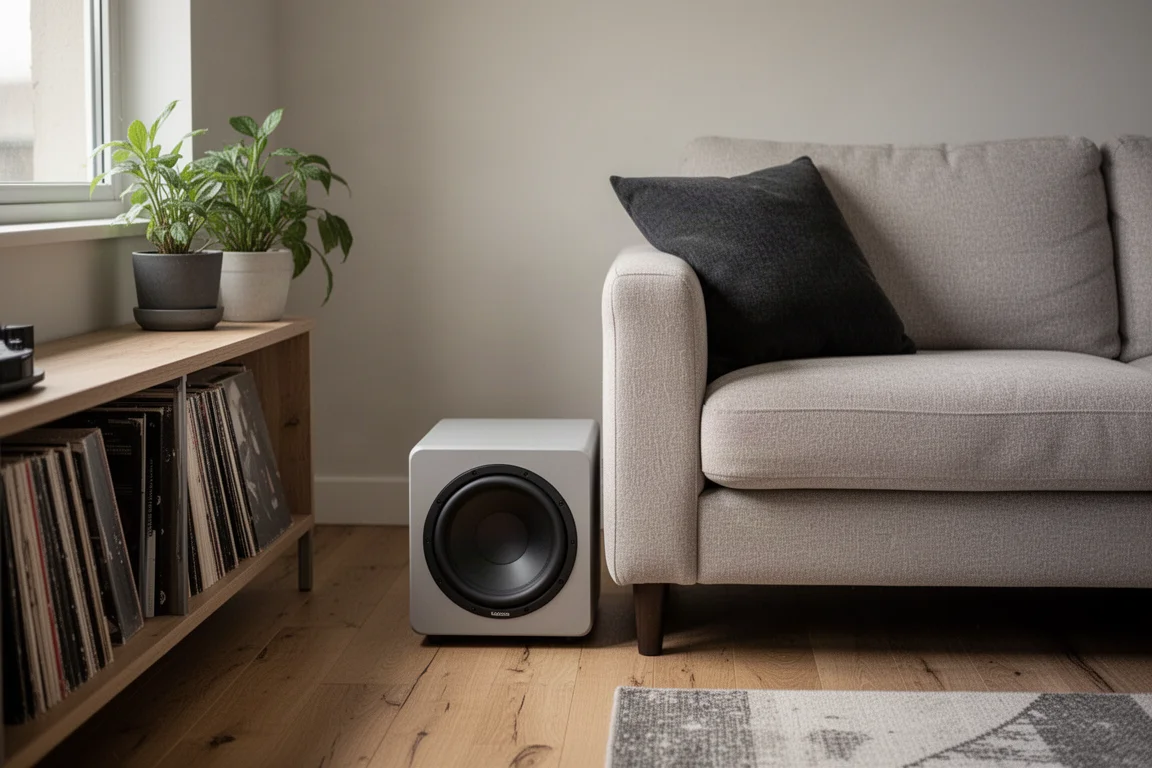 Compact subwoofer tucked beside a sofa in a small apartment living space