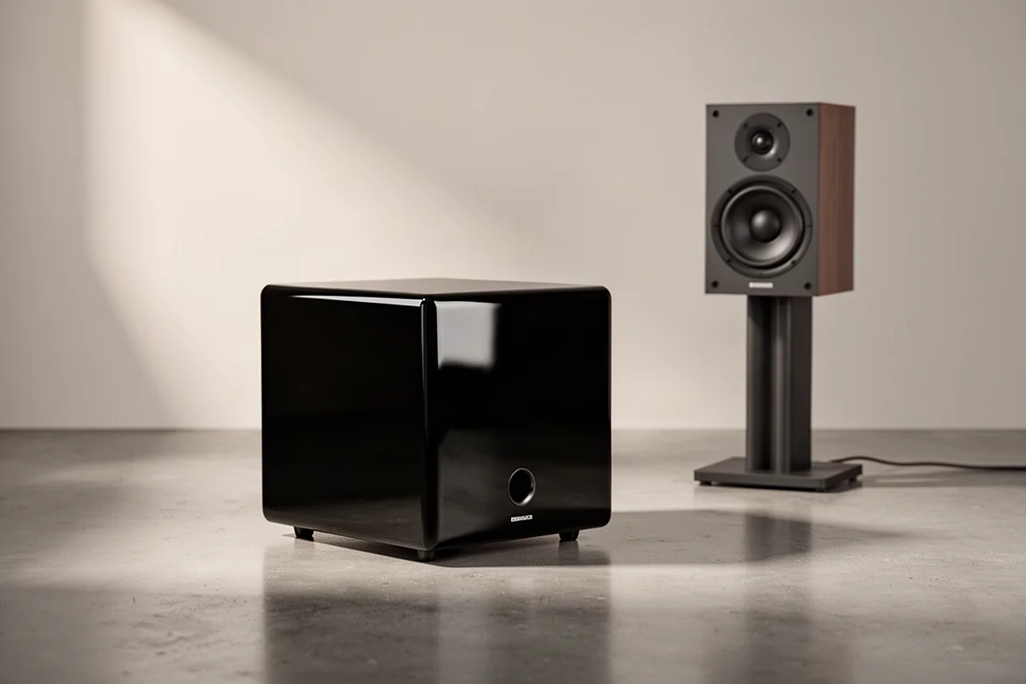 Compact gloss black sealed subwoofer beside a slim bookshelf speaker on a concrete floor