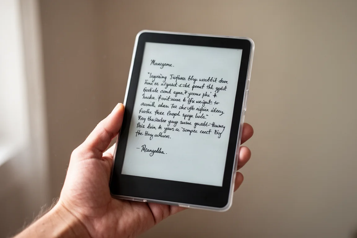 軽量なプラスチック製E-inkタブレットを手に持ち、画面に手書きのメモが表示されている
