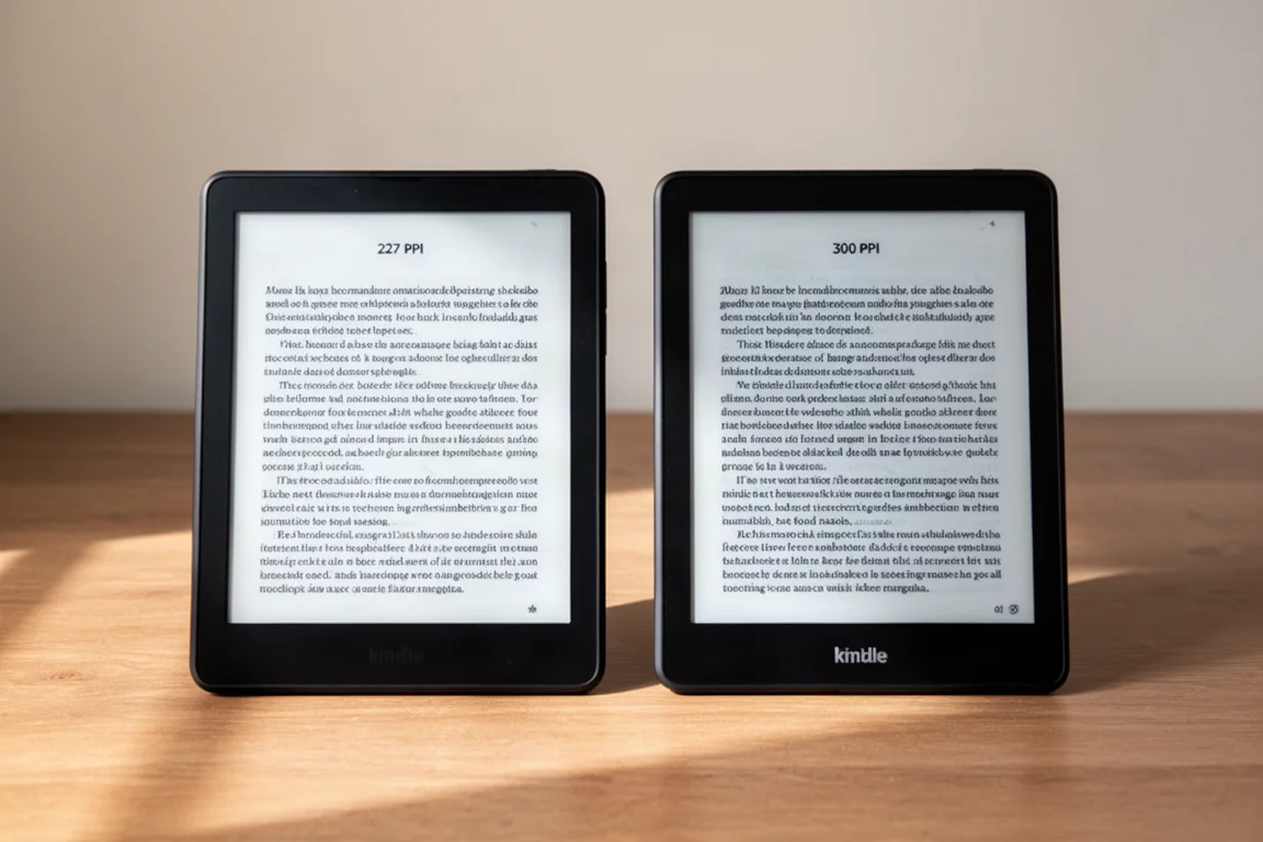2台のE-inkタブレットを並べて、異なる画面解像度を比較している