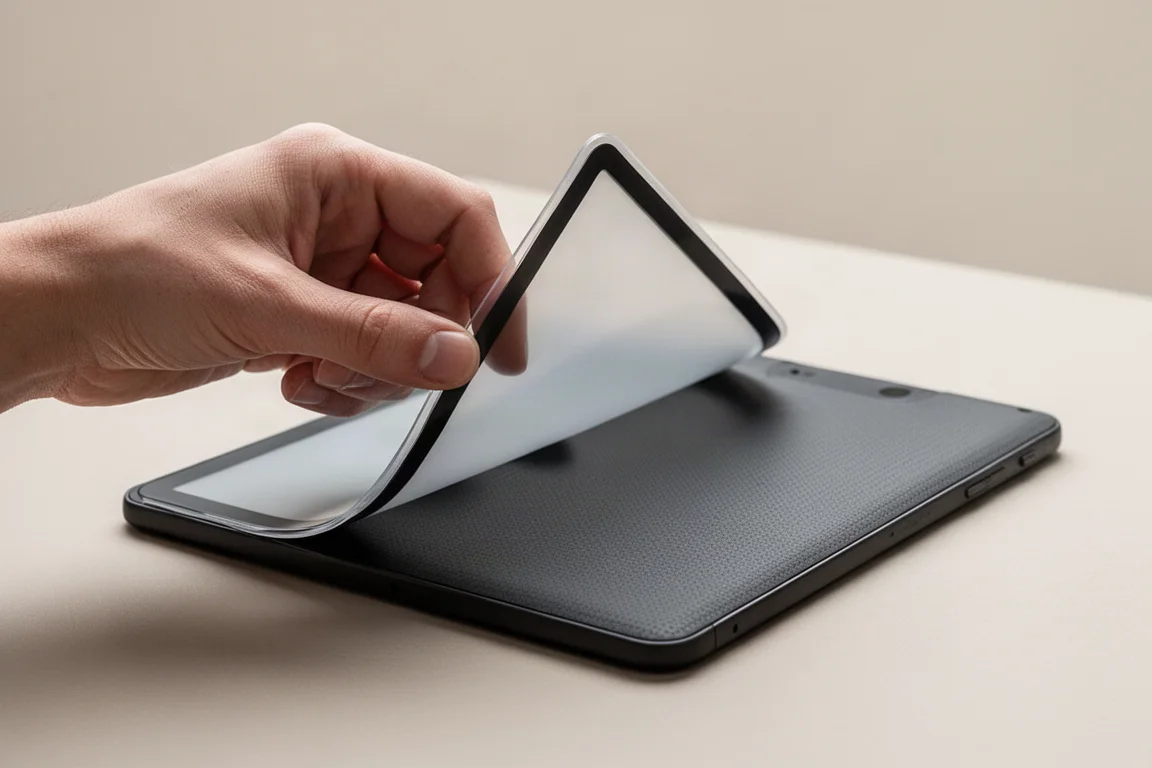 柔軟なプラスチック製画面を備えたE-inkタブレットを、そっと曲げている様子