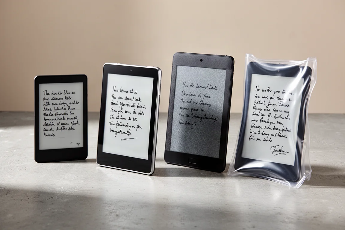 コンクリートの表面に一列に並べられた4台のE-inkタブレット。それぞれに手書きのメモが表示されている