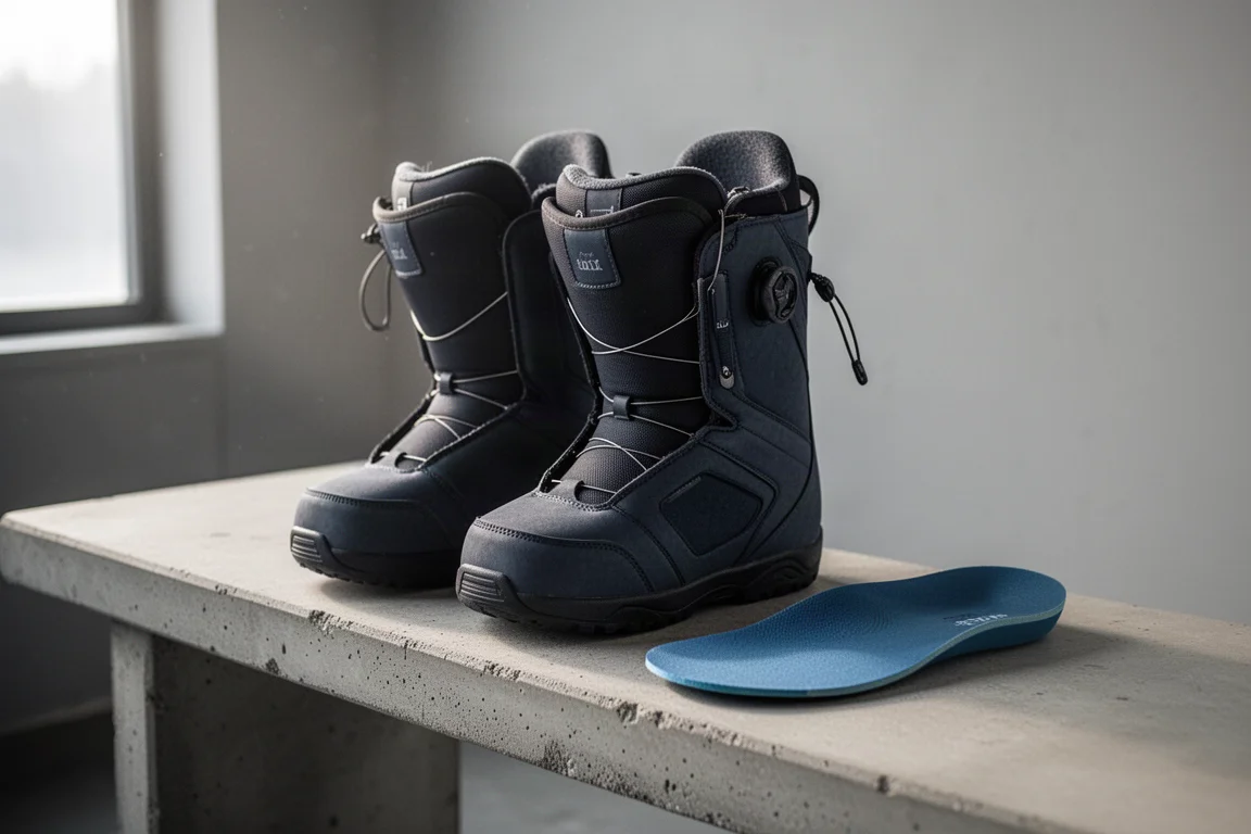 Para butów snowboardowych na ławce z wkładkami o niskim podbarciu obok nich