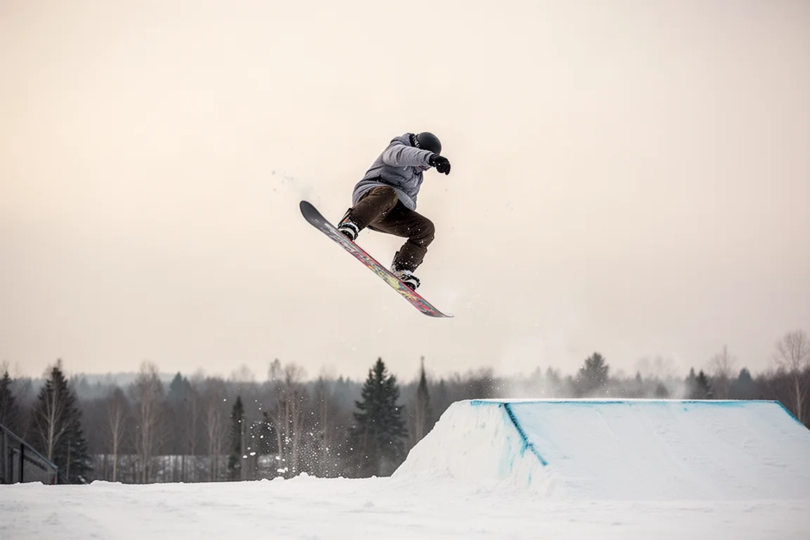 Snowboarder wybijający się z kickera w parku w miękkim świetle wieczornym