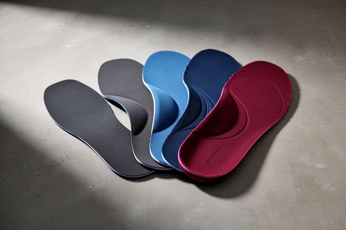 Five snowboard boot insoles fanned out on a concrete surface showing different arch profiles