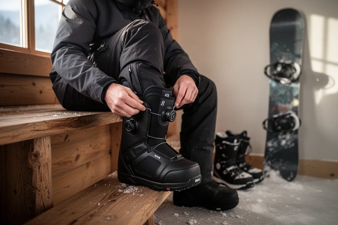 Snowboardåkare drar åt Boa-ratten på en snowboardboot vid en bänk vid stugan