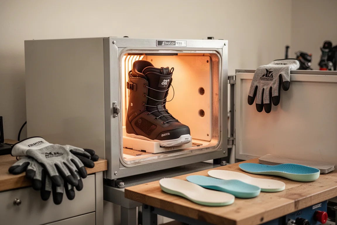 Liner till snowboardboot värmeformas i en butiksugn