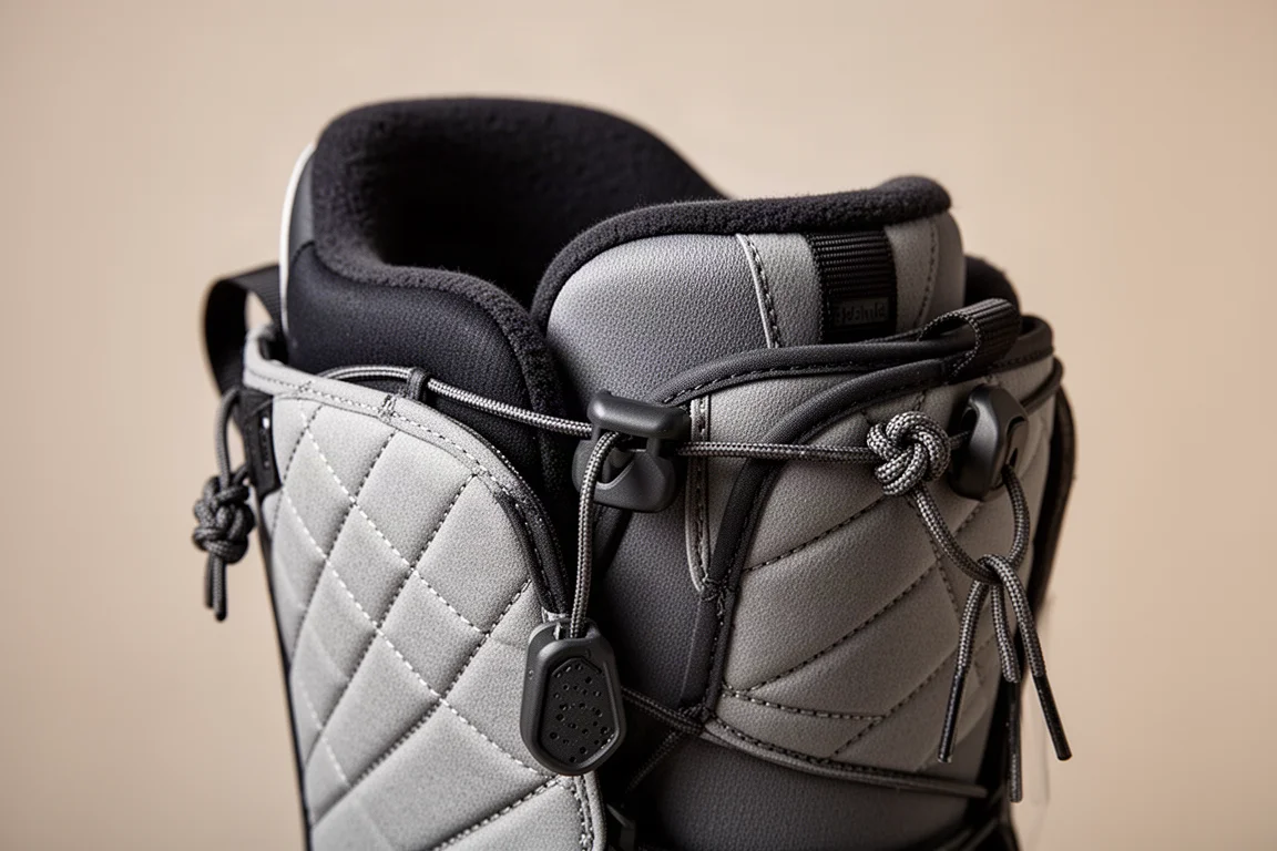 Närbild på den interna harnessen och heel hold-funktionerna på en liner till snowboardboot