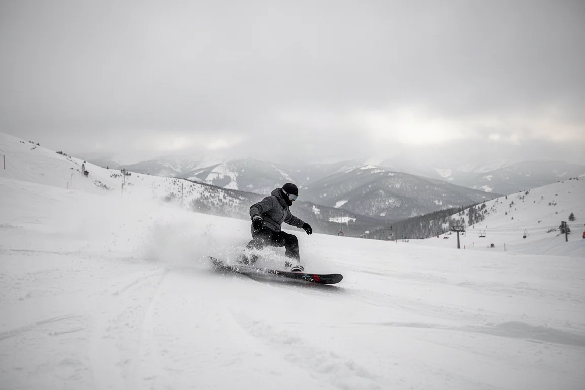 Snowboardåkare åker genom varierande förhållanden en grå dag i berget