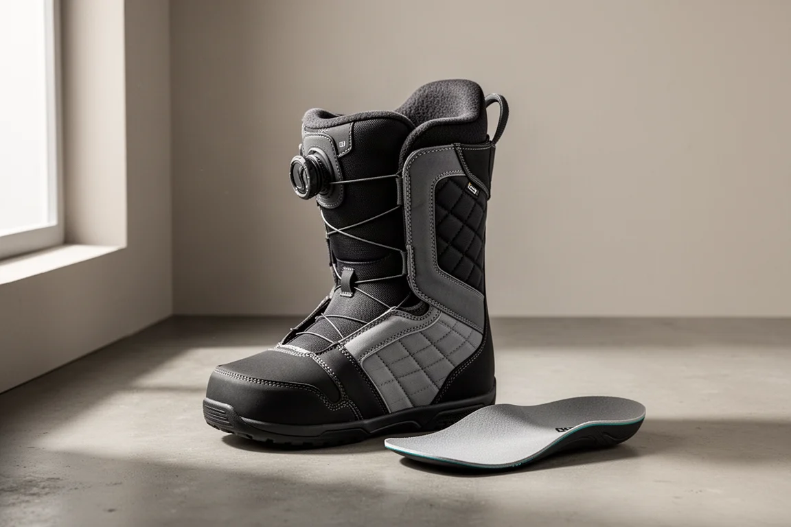 Liner till snowboardboot med fotbeds på en matt betongyta