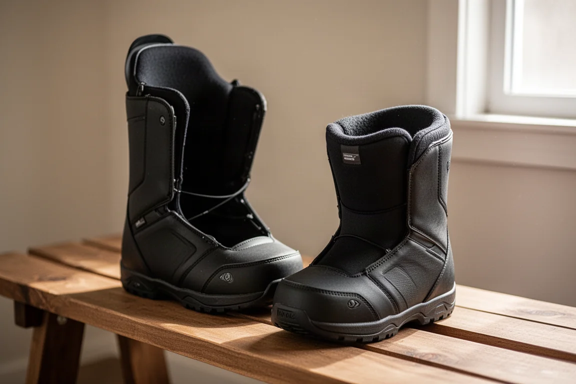 Doublure de boot de snowboard tenue à côté d'une coque de boot ouverte