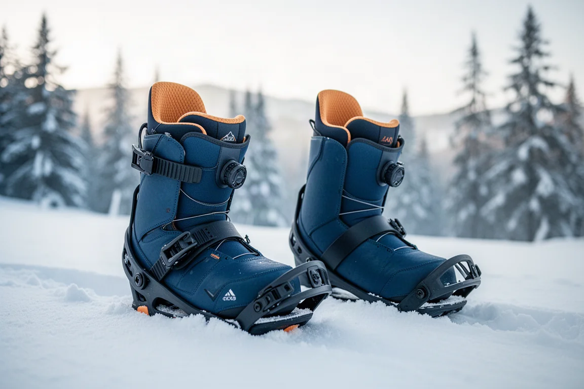 Boots d'un snowboardeur fixées sur une planche dans une station enneigée