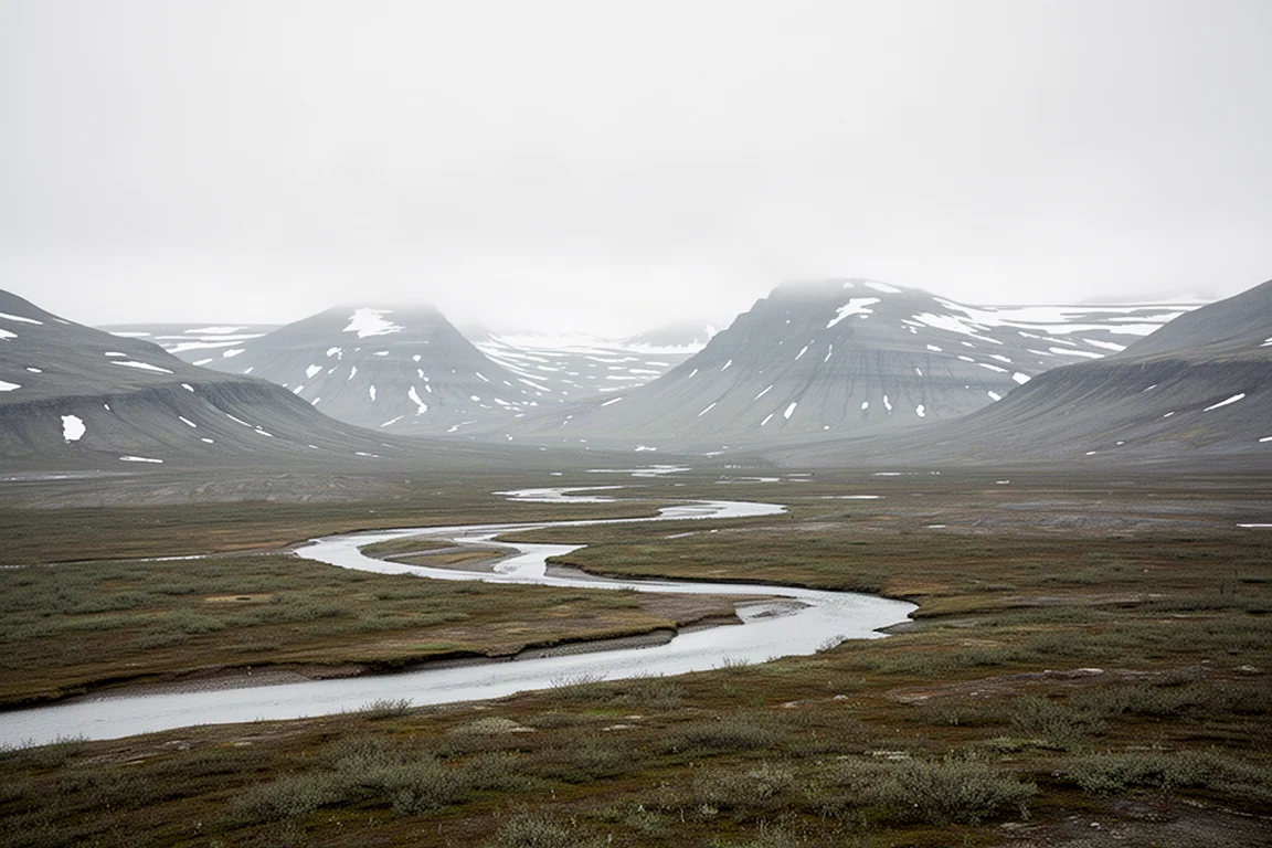 Valle remoto de tundra ártica con un río trenzado y picos nevados a lo lejos