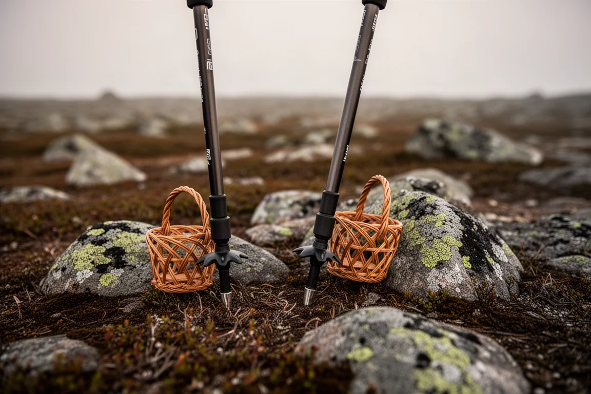 Primer plano de dos puntas de bastones de trekking clavadas en terreno rocoso de tundra alpina