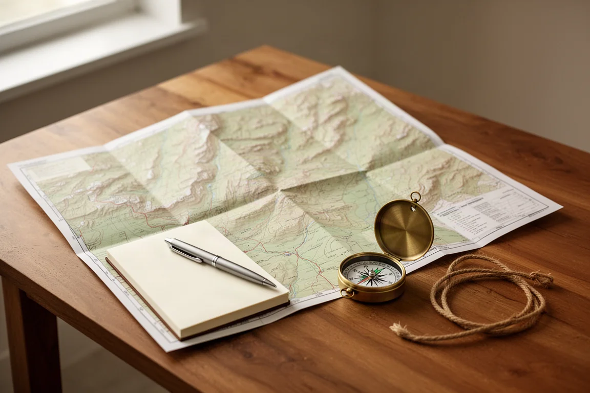 Mapa topográfico, cuaderno, brújula y cordón dispuestos sobre una mesa de madera cálida
