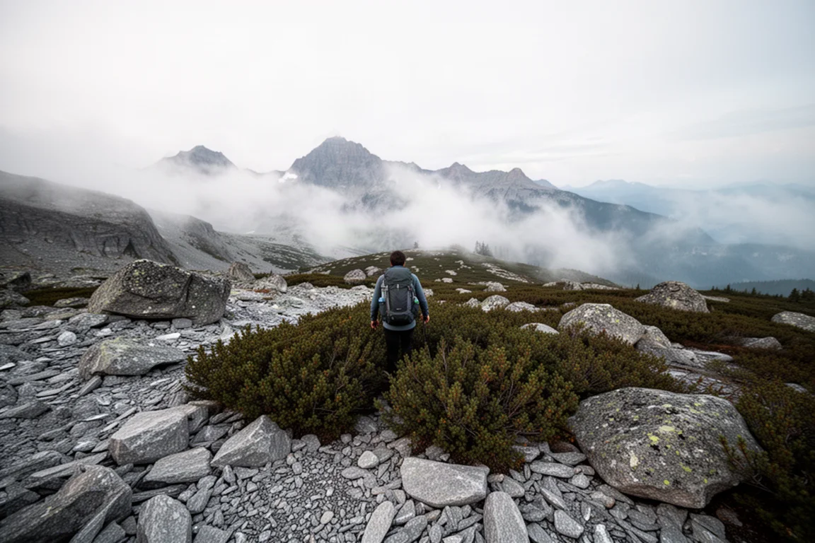 Backpacker che si fa largo tra fitti arbusti alpini su un crinale senza sentiero sotto nubi basse