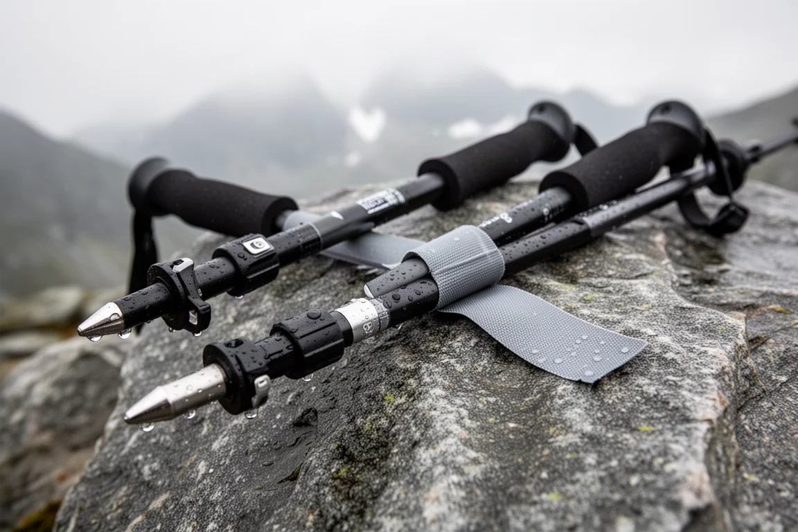 Due fusti di bastoncini da trekking su roccia bagnata con una riparazione sul campo in nastro adesivo su un fusto