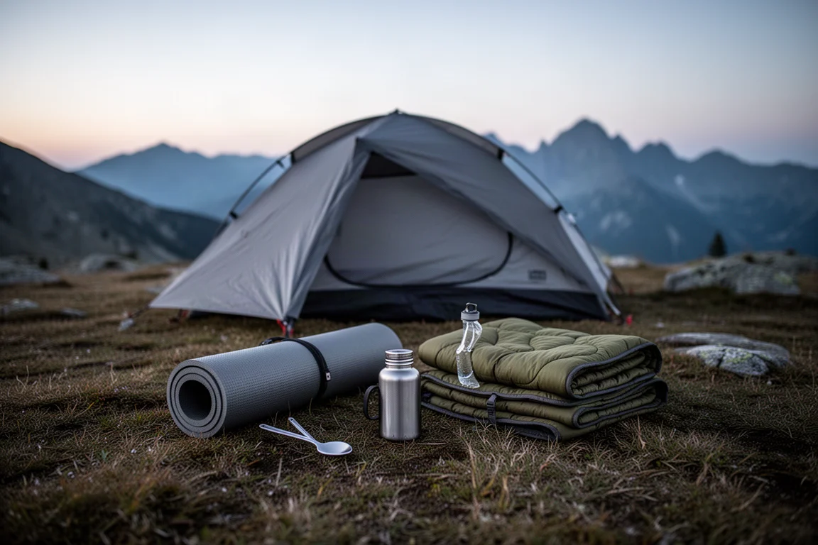Piccolo campo alpino al crepuscolo con una tenda bassa grigia e attrezzatura ben disposta