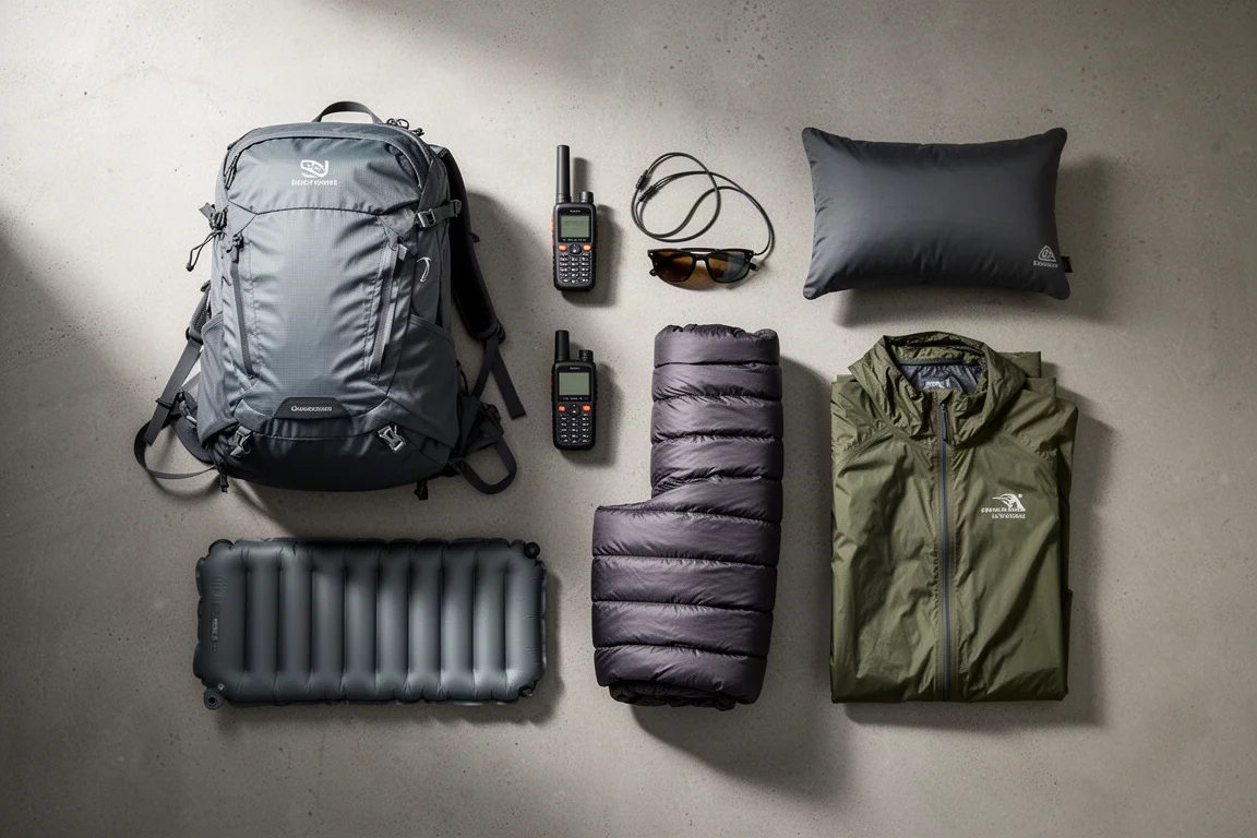Attrezzatura ultralight da backpacking disposta a flat-lay su una superficie in cemento