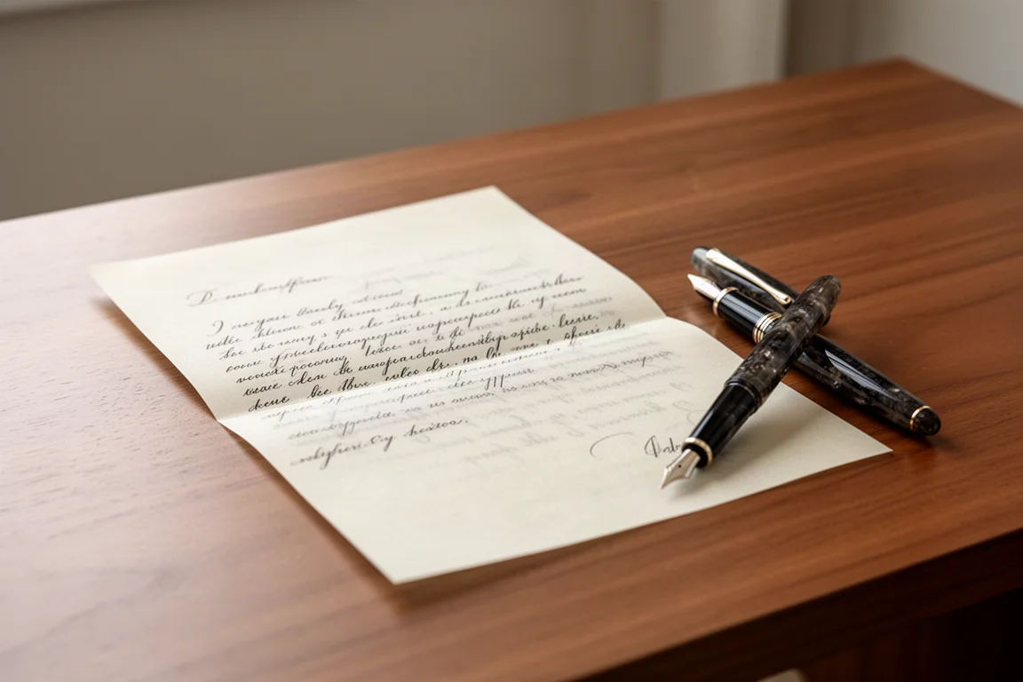 Odręcznie napisany list na cienkim kremowym papierze obok pióra wiecznego