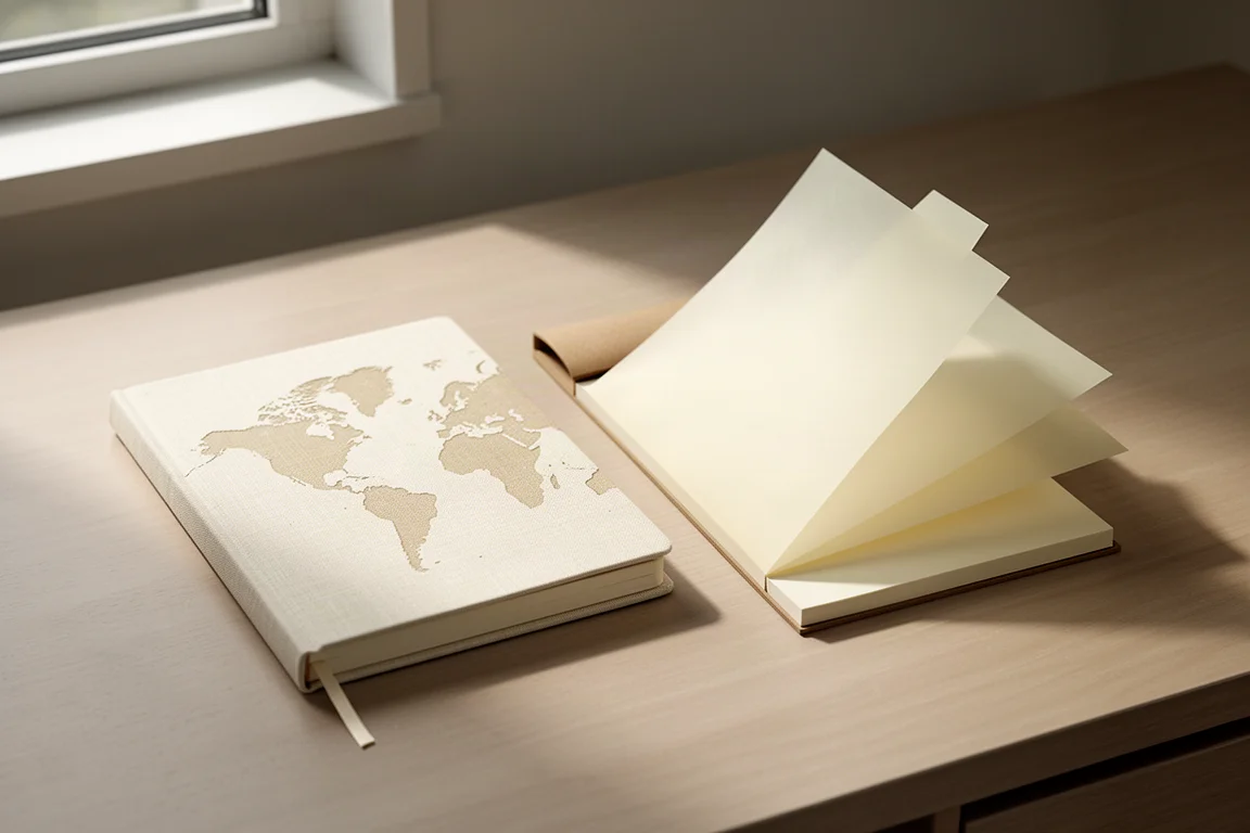 Cream onion skin journal with debossed map cover beside a slim translucent paper notepad