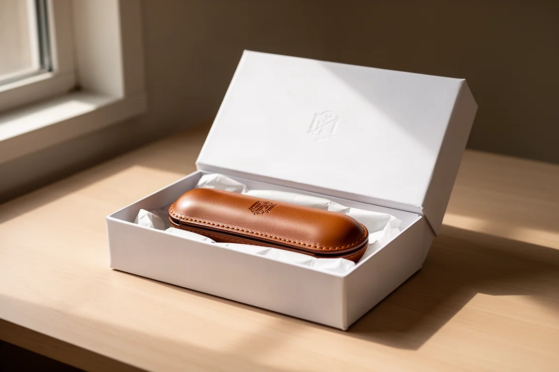 Boîte cadeau blanche de marque ouverte révélant un étui à stylo en cuir aux formes arrondies