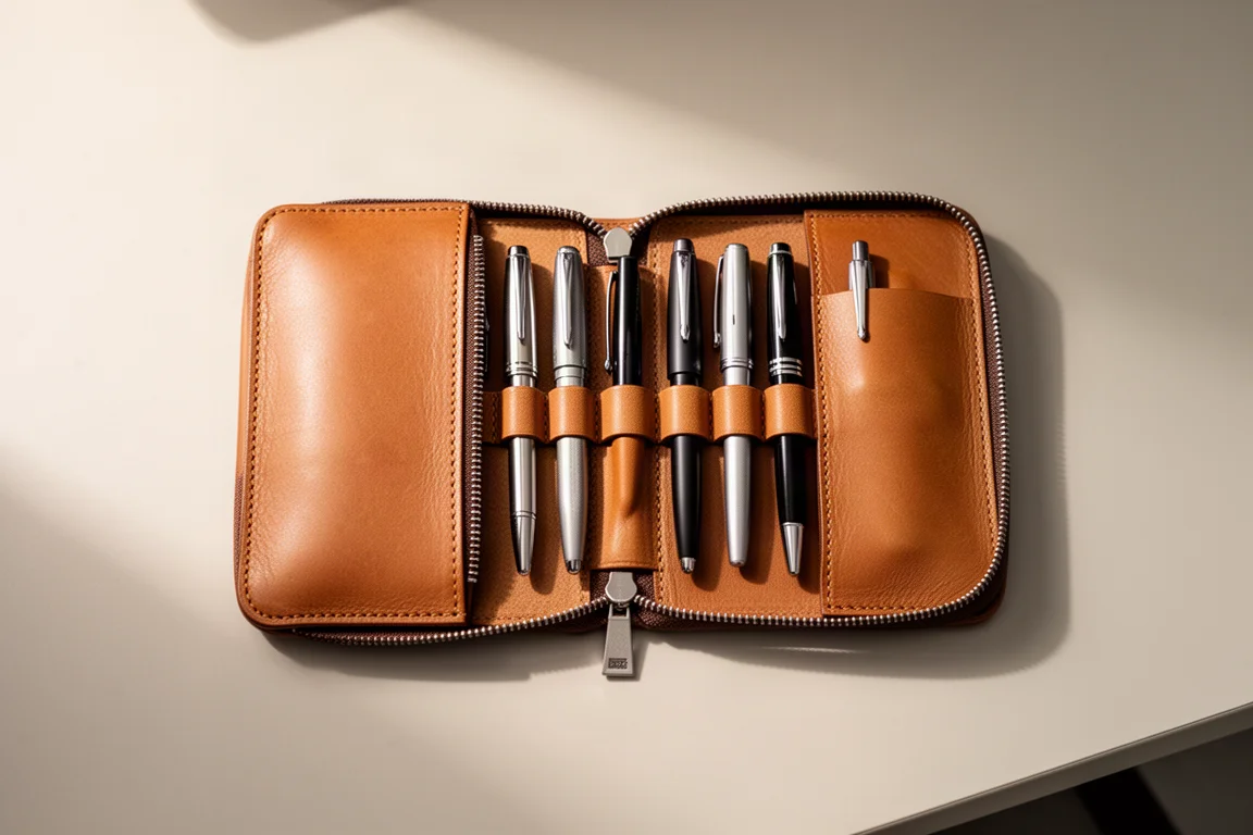 Étui à stylo ouvert posé à plat avec des stylos et une petite règle rangés à l'intérieur