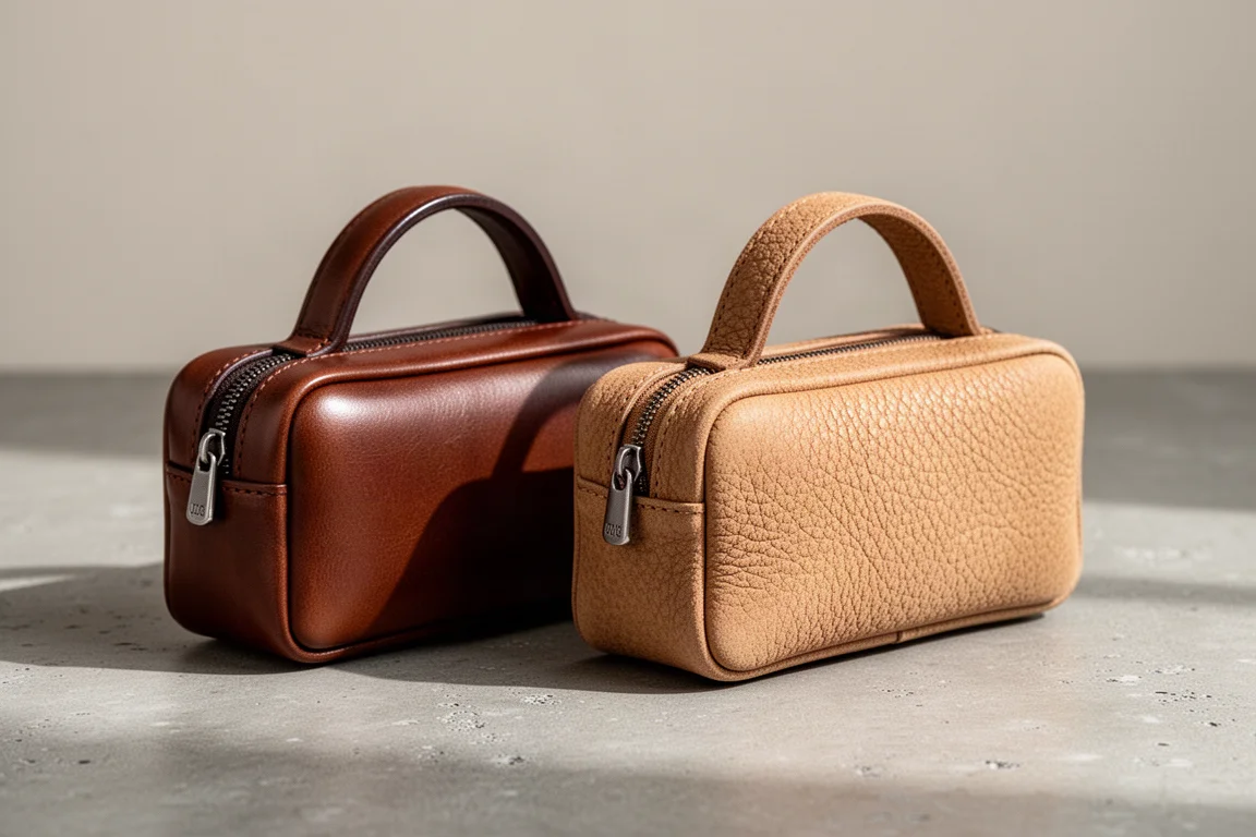 Two rounded leather pen cases side by side, one smooth cognac and one textured tan