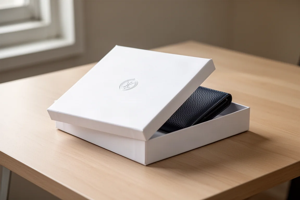 Een eenvoudige witte cadeaudoos met merkemblem, gevuld met leren portemonnees