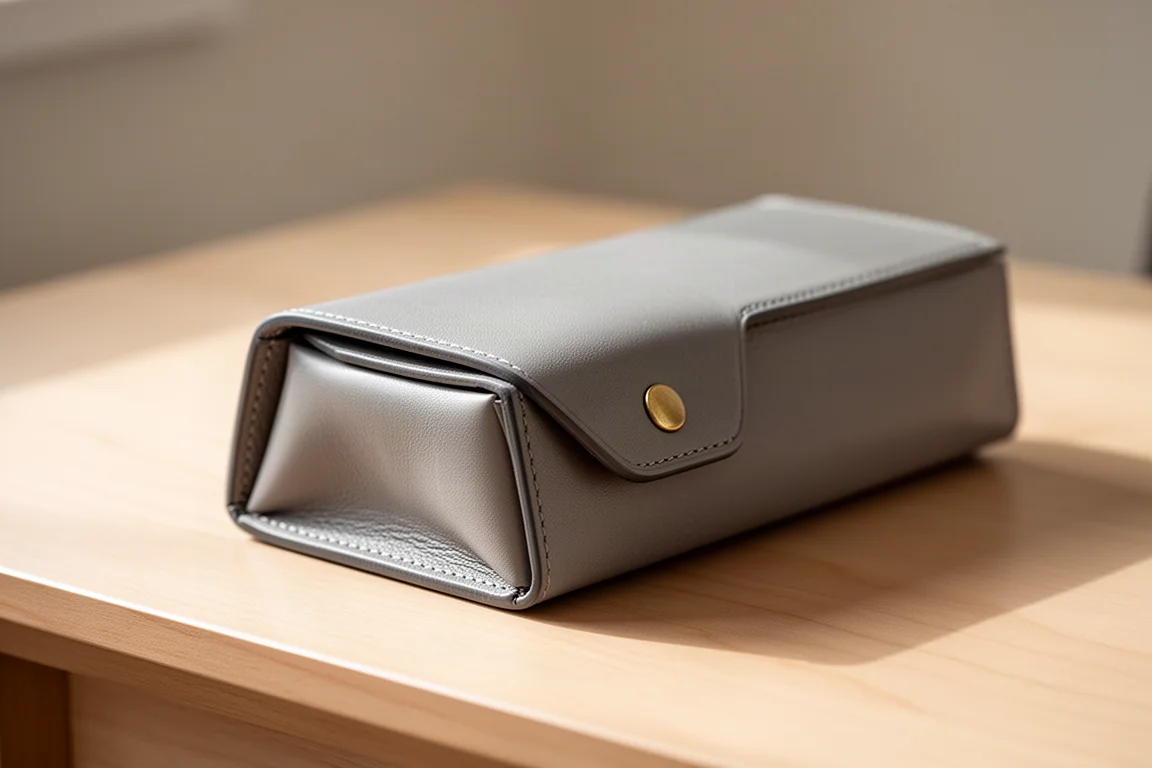 Boxförmiges Leder-Etui auf einem Schreibtisch mit Messing-Druckknopf