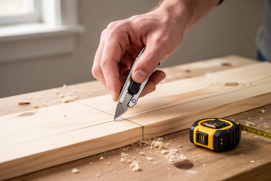 Un cutter trazando una línea sobre una tabla junto a una cinta métrica