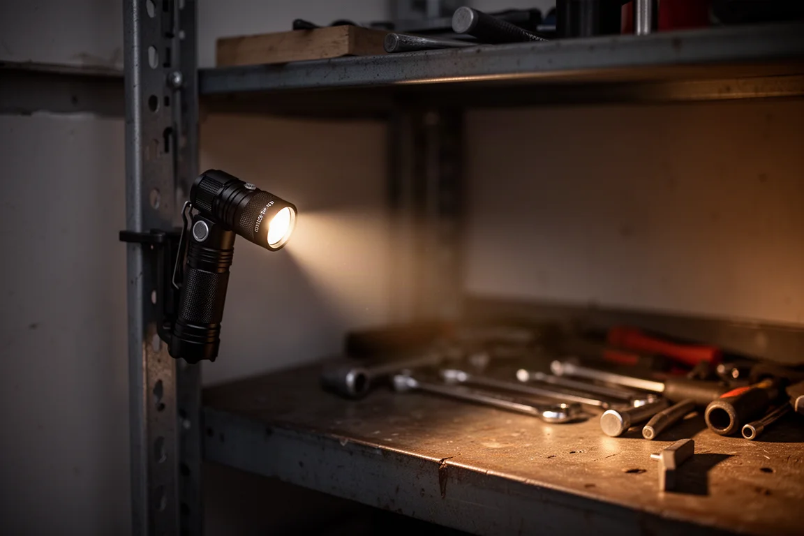 Linterna de bolsillo proyectando un haz de luz por un taller en penumbra al atardecer