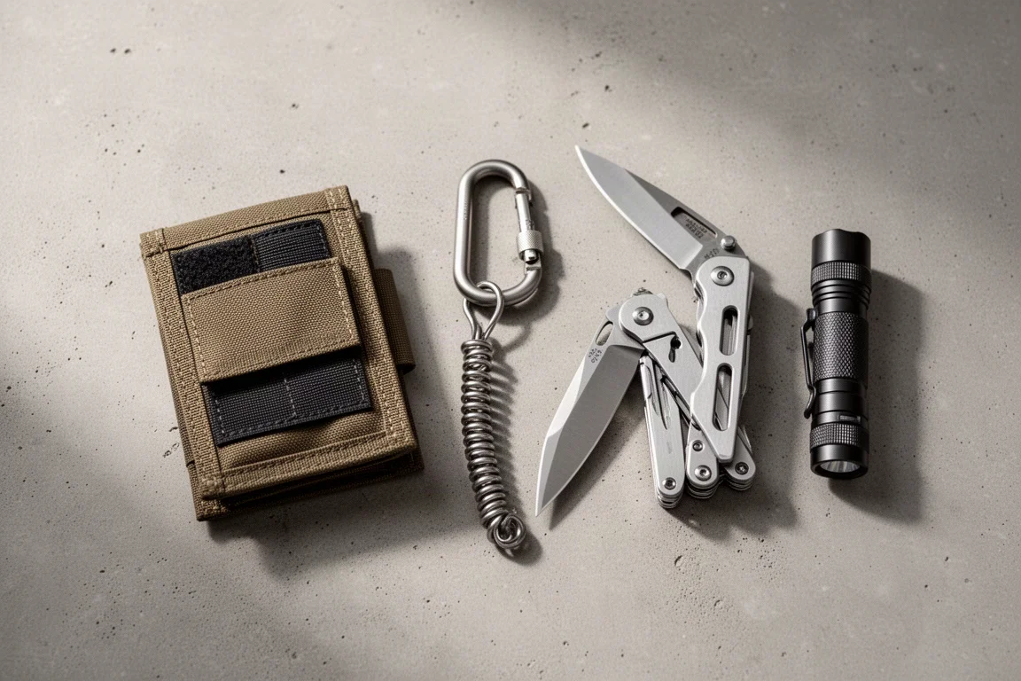 Disposizione in flat-lay di attrezzatura da everyday carry con portafoglio, moschettone, coltello utilitario, multi-tool e torcia