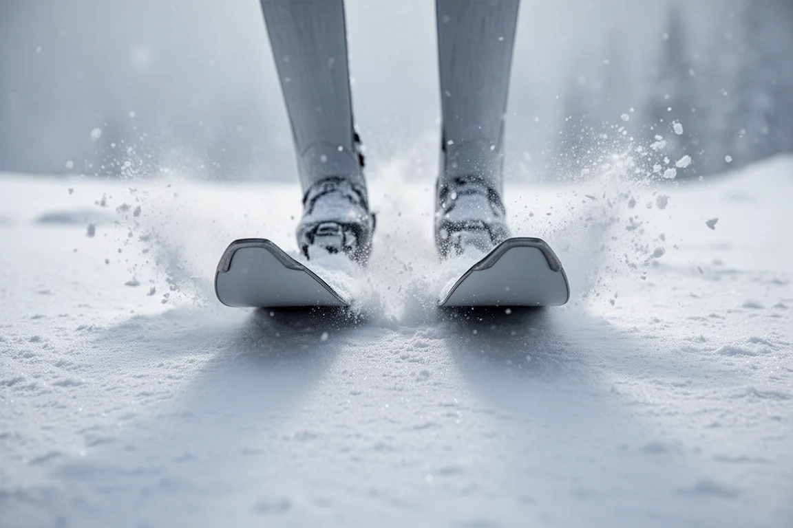 Primer plano de las punteras de los esquís planeando sobre nieve polvo profunda con salpicaduras