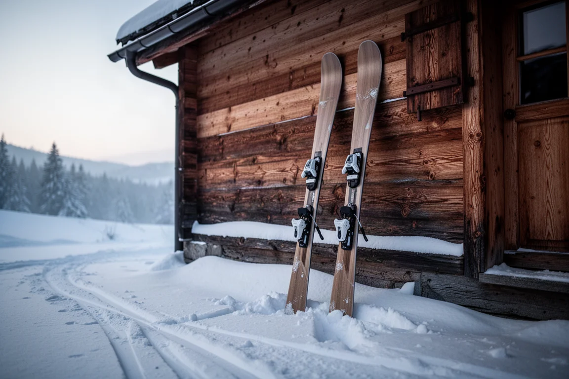 Par de esquís de polvo apoyados contra la pared de madera de un refugio cubierto de nieve