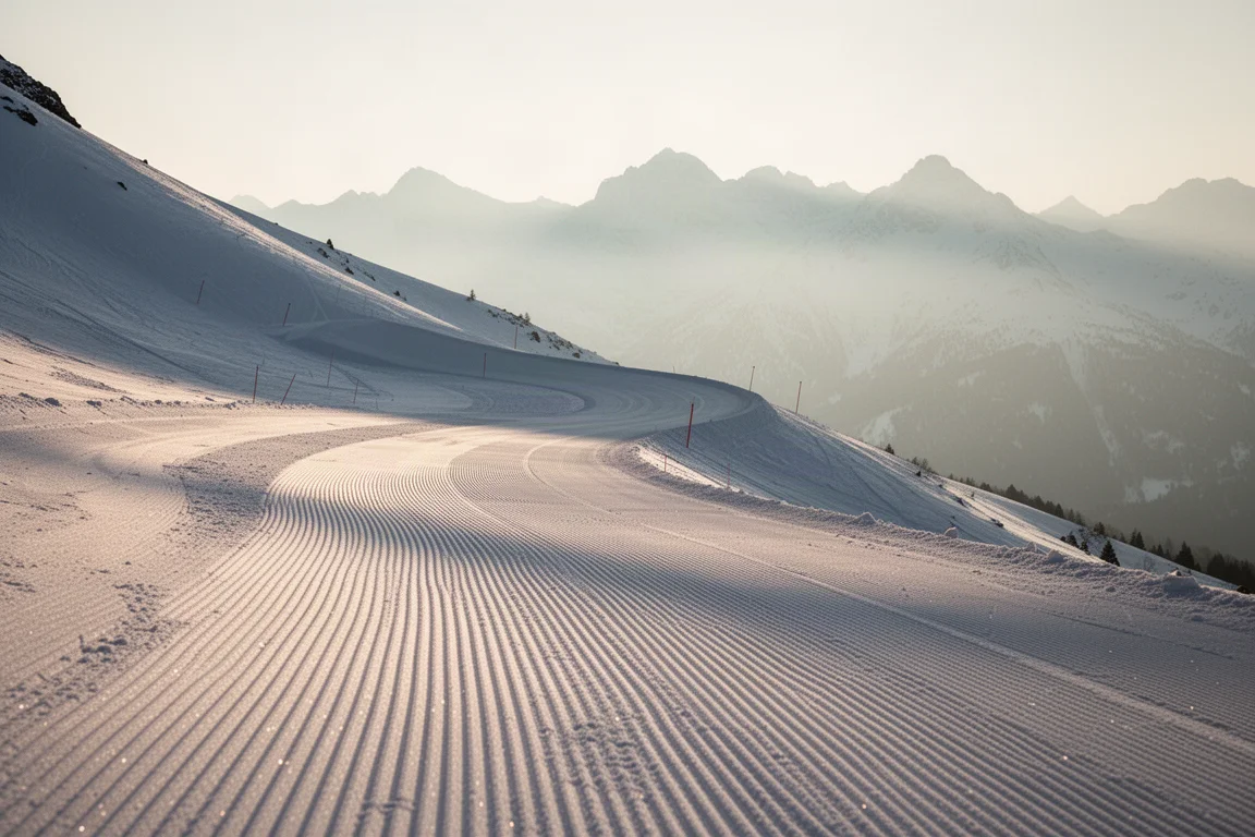 Frisch gespurtter Bügel-Skihang bei Sonnenaufgang mit weichen Schatten auf dem Schnee