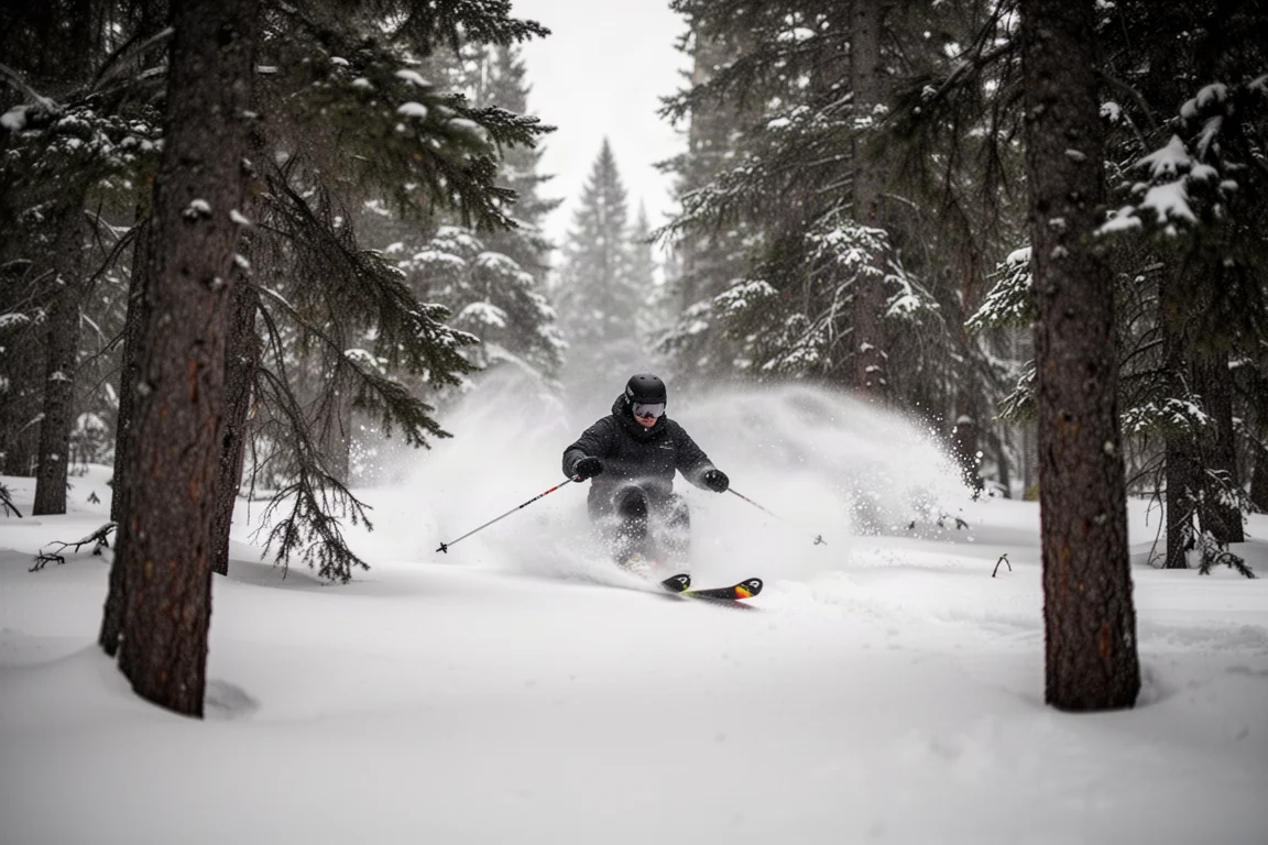 Skifahrer kurvt durch freigestellte Pulverschneebäume, während hinter den Skiern Schneegischt aufsteigt
