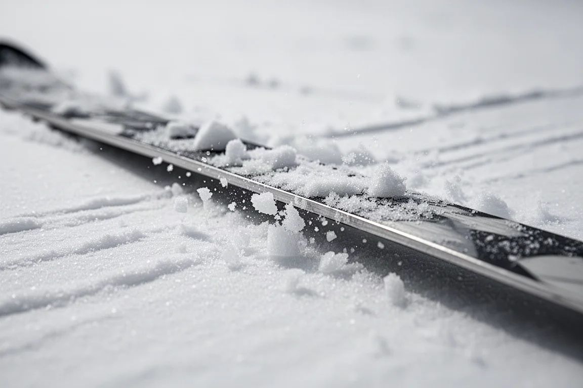 Nahaufnahme einer Skikante, die in harten wiedergefrorenen Schnee mit Eisbrocken schneidet